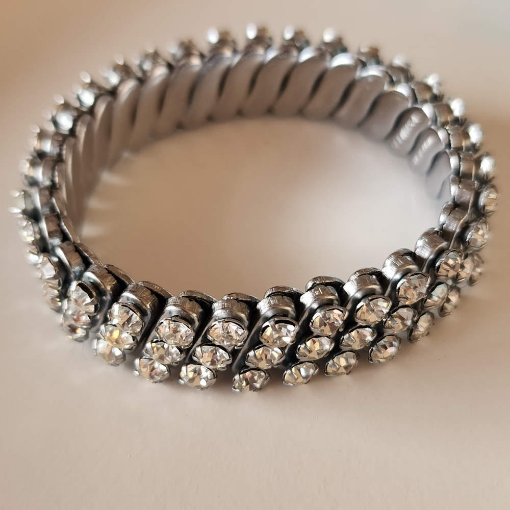 Vintage Rhinestone 3 Row Stretch Bracelet Silver Tone USA Retro Formal Wedding